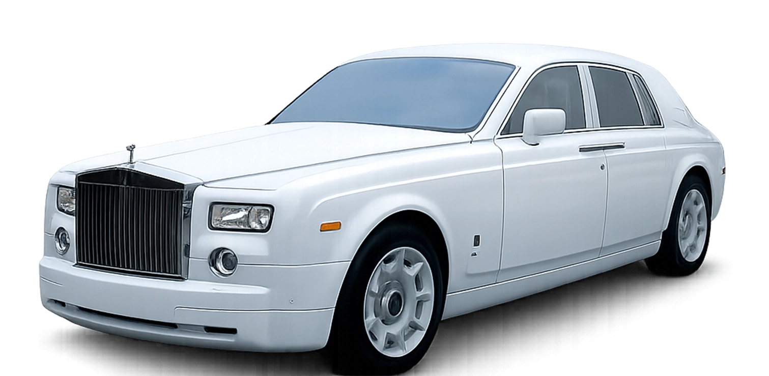 White Rolls-Royce Phantom luxury limousine isolated on transparent background